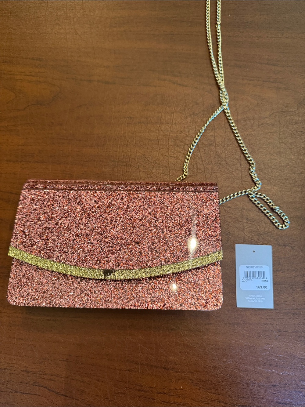 Nordstrom Rose Pink Glitter Envelope Clutch with Gold Chain